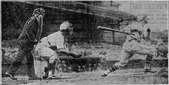 Jimmy Welsh of the New York Giants at bat during 1929 opening game against Philadelphia Phillies with umpire McCormick and catcher Davis