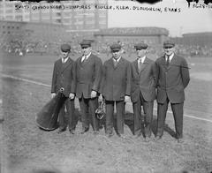 Umprires Charles Cy Rigler, Bill Klem, Francis Silk O'Laughlin, and Billy Evans with announcer Smith at 1915 World Series at Baker Bowl