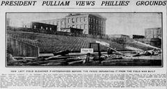Historic photograph of new left bleachers under construction at Philadelphia Ball Park with President Pulliam viewing the grounds on March 30, 1904