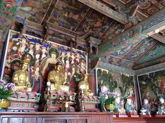 Interior of Beomeosa Temple hall in Busan South Korea with traditional wooden architecture and ornate decorations