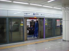 Dongmyo Station entrance in Seoul with green signage and stairs