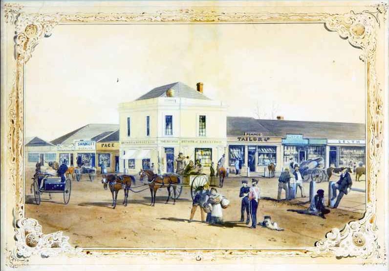 Beehive Corner at the intersection of King William Street and Rundle Street in Adelaide, 1849 by S. T. Gill