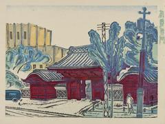 Woodblock print Red Gate in Early Summer showing traditional Japanese architecture with lush greenery