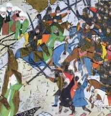 Battle of Uhud with Prophet Muhammad fighting and Imam Ali protecting him while false rumors spread that Muhammad has fallen