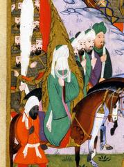 The Prophet Muhammad leading the Muslim army at the Battle of Uhud, illustrated in the Siyer-i Nebi manuscript from 1595