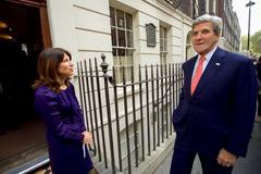 U.S. Secretary of State John Kerry speaking with Dr. Marcia Balisciano at Benjamin Franklin House in London