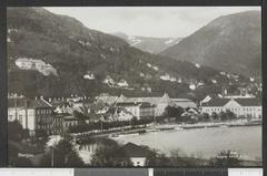 View of Bergen city with traditional wooden houses and waterfront in Hordaland, Norway