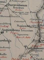 Ancient map showing Durocalaunis area with towns including Reims, Troyes, Bar-sur-Aube, and Langres