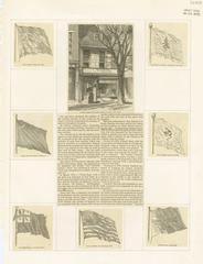 Historical American flags including the first American flag, the Liberty flag of 1775, South Carolina's first flag, the Pine-tree flag at Bunker Hill, the 1777 flag adopted by Congress, the Bunker Hill standard, and the Gadsden flag.