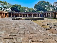 Bhojshala Saraswati Mandir and Kamal Maula Mosque site in Dhar, Madhya Pradesh showing ancient pillars and inscriptions