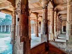 Bhojshala Saraswati mandir and Kamal Maula mosque monument in Dhar, Madhya Pradesh, showing ancient architecture with stone pillars and inscriptions.