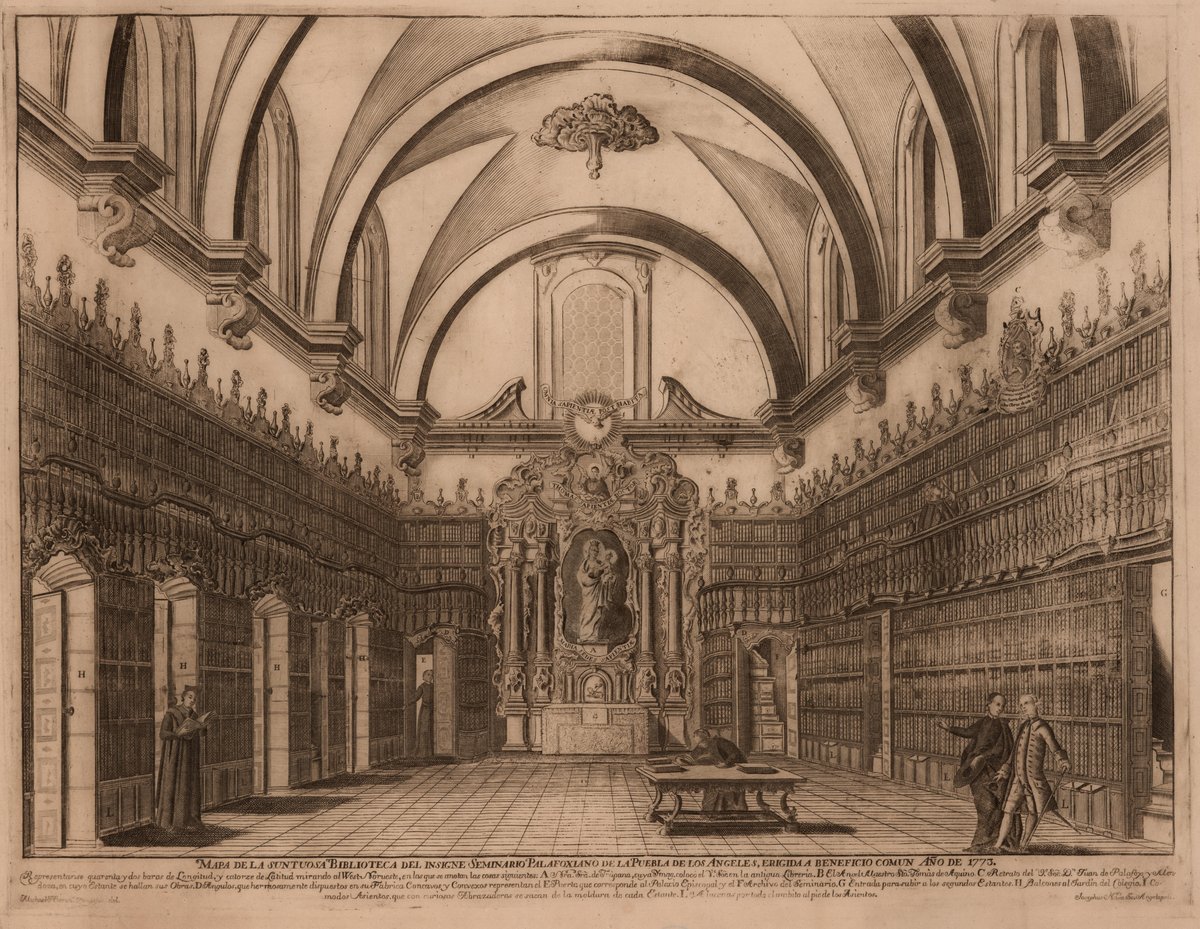 Gentleman and clergy members admiring and working in the historic Biblioteca Palafoxiana with classical altarpiece and symbolic religious elements