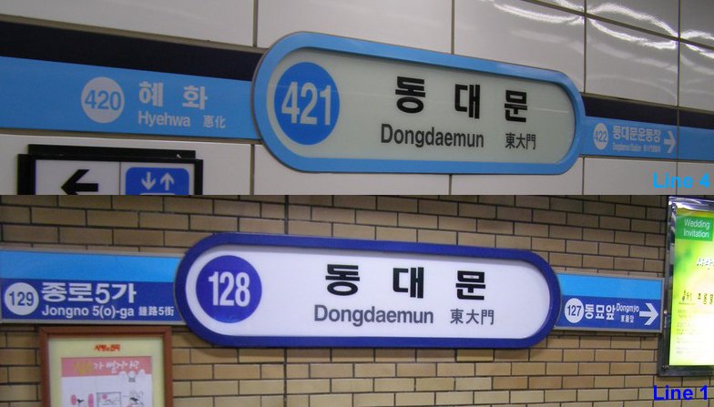Dongdaemun Subway Station sign showing Line 4 at the top and Line 1 at the bottom