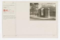Historical image of University of Pennsylvania entablature with service flag unveiled at opening exercises in 1918
