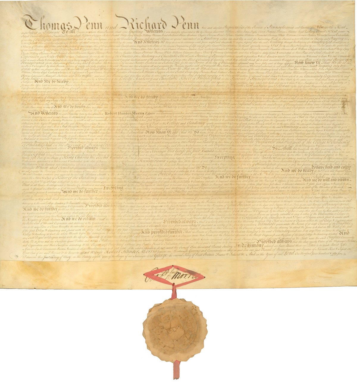 Colonial era Charter document of the College of Philadelphia 1755