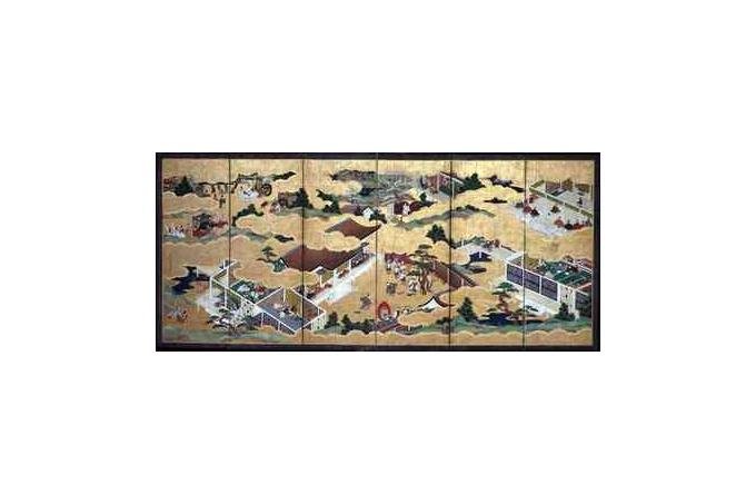 Scenes from the Tale of Genji six-fold screen painting with ink and colors on gilded paper