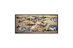 Scenes from the Tale of Genji six-fold screen painting with ink and colors on gilded paper