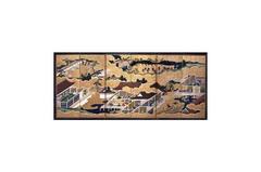Scenes from the Tale of Genji six-fold screen painting with ink and colors on gilded paper