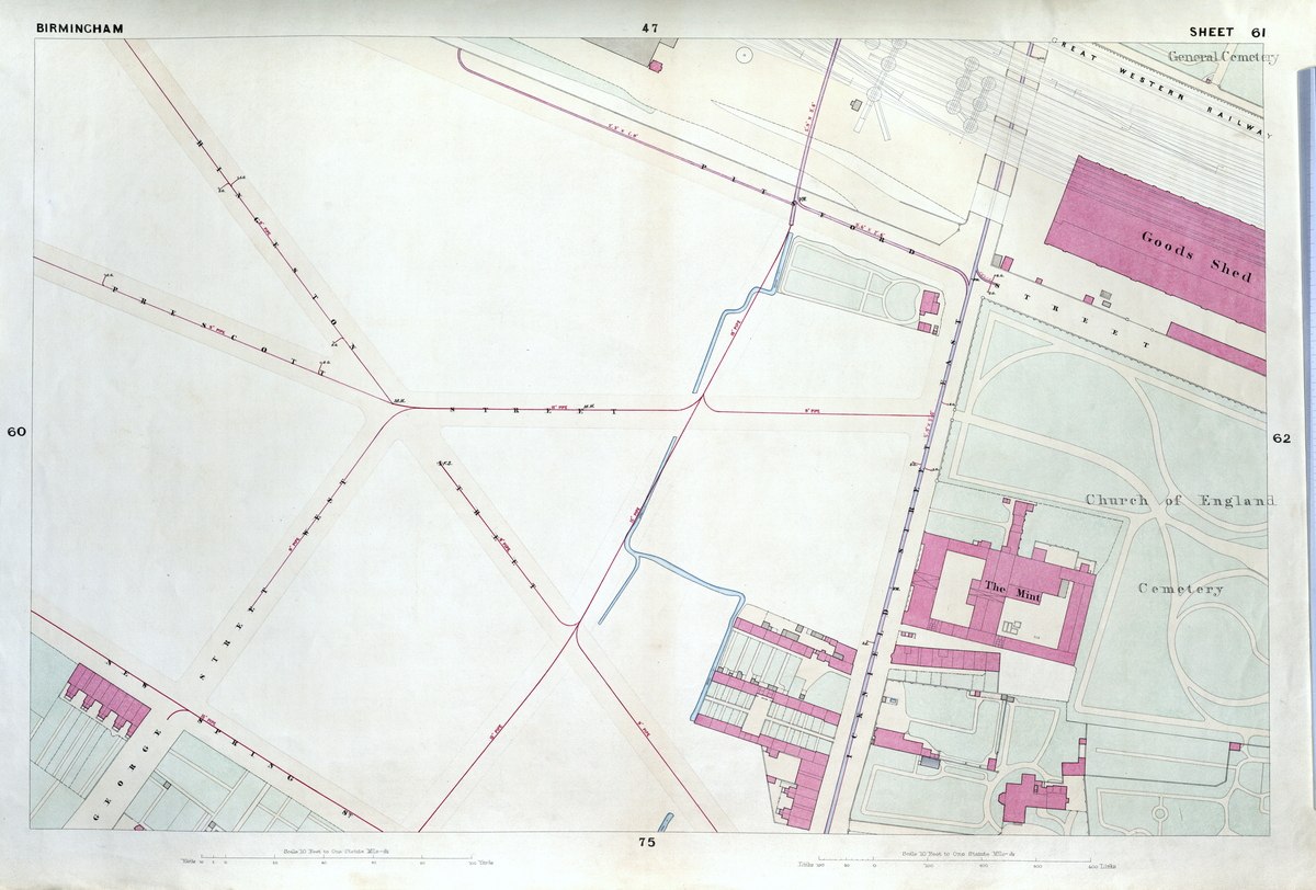 Historical map sheet of Birmingham Borough from 1855 survey showing detailed streets and landmarks