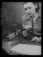 Women learning precision instrument use in a New York University industrial training class