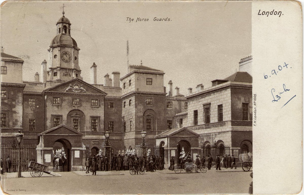 Vintage postcard showing Horse Guards in London, written in private cipher