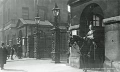 Troopers from the Royal Horse Guards Regiment on guard duty at Horse Guards in Whitehall circa 1910