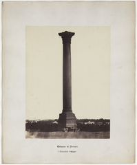 Pompey's Pillar, a towering ancient Corinthian column in Alexandria, Egypt, with a man and horse nearby and surrounded by trees and city buildings