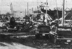 Damage caused by the 1970 Lubbock Tornado in Texas near downtown showing destroyed homes and debris