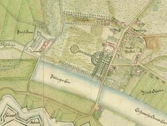 Historical 1742 hand-drawn color map of Nørrebro area in Copenhagen showing Blågård and Solitude estates with garden layouts and bleaching ponds near Peblingesø and Sortedams Sø