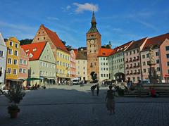 Landsberg am Lech town square with historic Schmalzturm tower