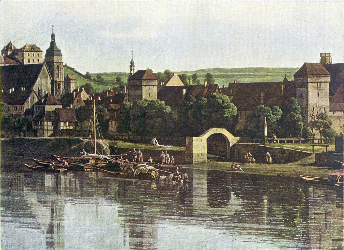 Pirna distance column at the water gate from the right bank of the Elbe River, detail from Canaletto's painting No. 627 in the Dresden State Gallery