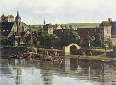 Pirna distance column at the water gate from the right bank of the Elbe River, detail from Canaletto's painting No. 627 in the Dresden State Gallery
