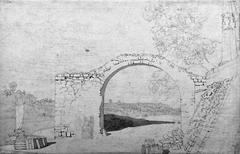 Historical painting of a road by the Elbe river with trees and a distant view of buildings
