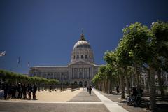 San Francisco City Hall building with classical architecture and golden dome under blue sky