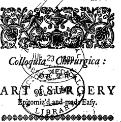 Fleuron illustration from the book Colloquia Chirurgica demonstrating surgical instruments and techniques from 18th century medical practice