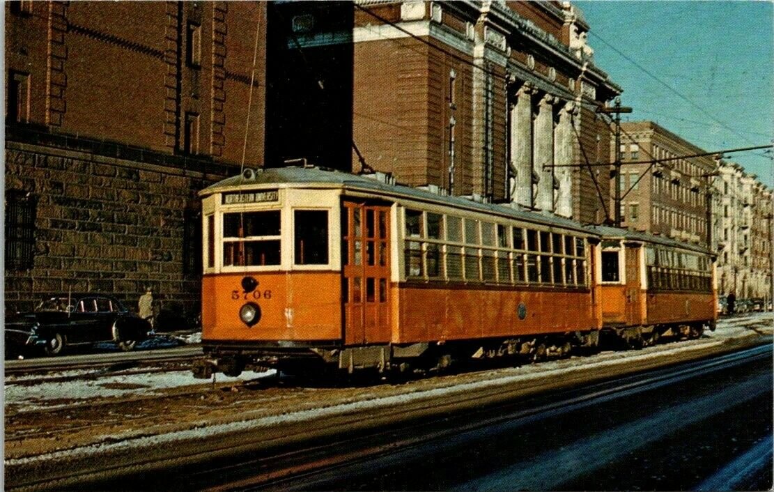 1980s postcard showing two Type 5 streetcars 5706 and 5800 laying over at Opera House siding in 1958