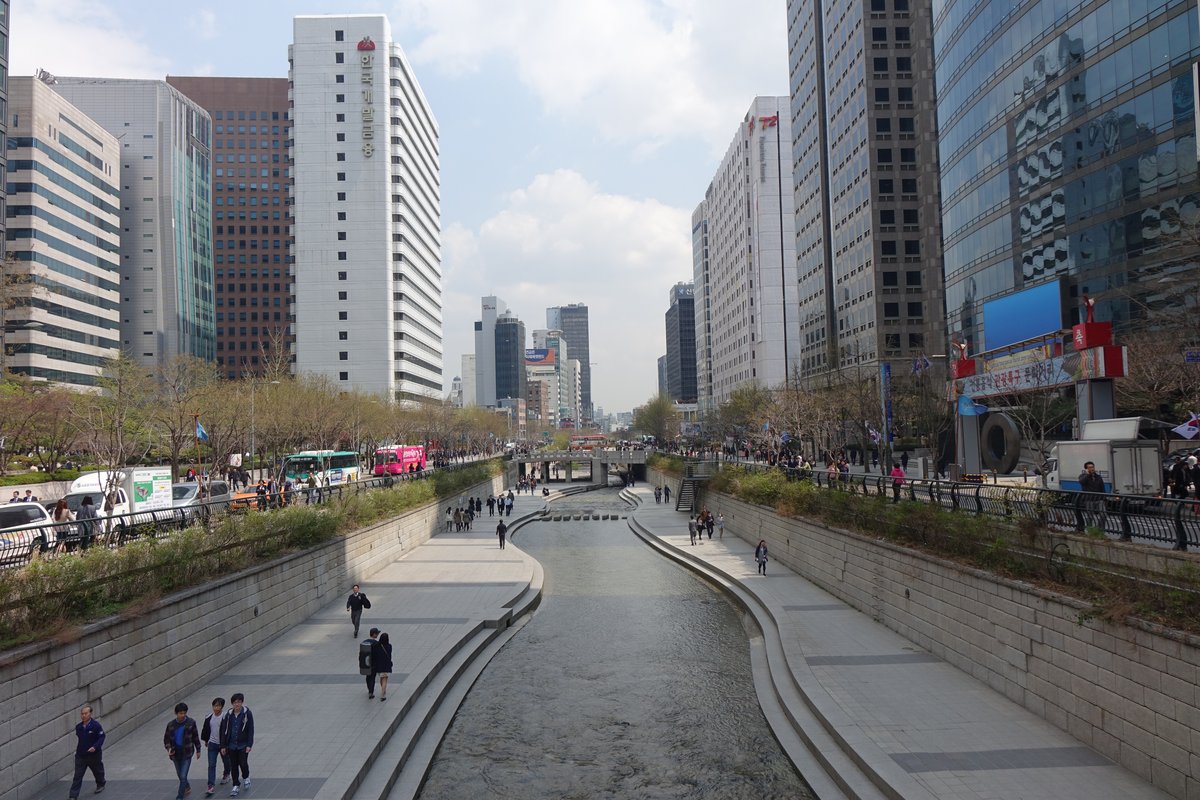 Scenic view of Cheonggyecheon stream in Seoul with clear water and greenery