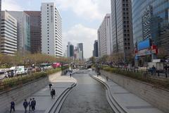 Scenic view of Cheonggyecheon stream in Seoul with clear water and greenery
