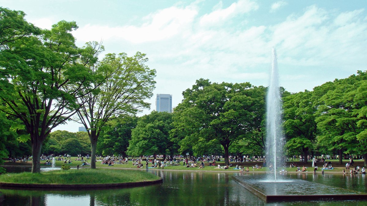 Scenic fountain in Yoyogi Park, Tokyo, Japan with surrounding greenery and people