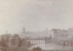 Historic view of the ravelin and terrain outside Nørreport, Copenhagen before 1859 demolition showing Rosenborg Mølle and Gothersgades Mølle windmills