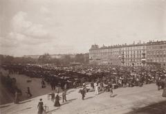 Historic view of Grøntorvet market, later known as Israels Plads, in Copenhagen with 19th century buildings in the background