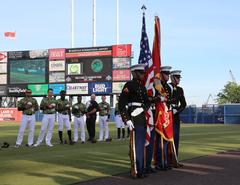 U.S. Marine Corps Color Guard presenting colors during Marine Night at Harbor Park Stadium