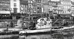 Uboats U-86 and UC-92 on exhibition in Bristol with Bristol Hippodrome in background