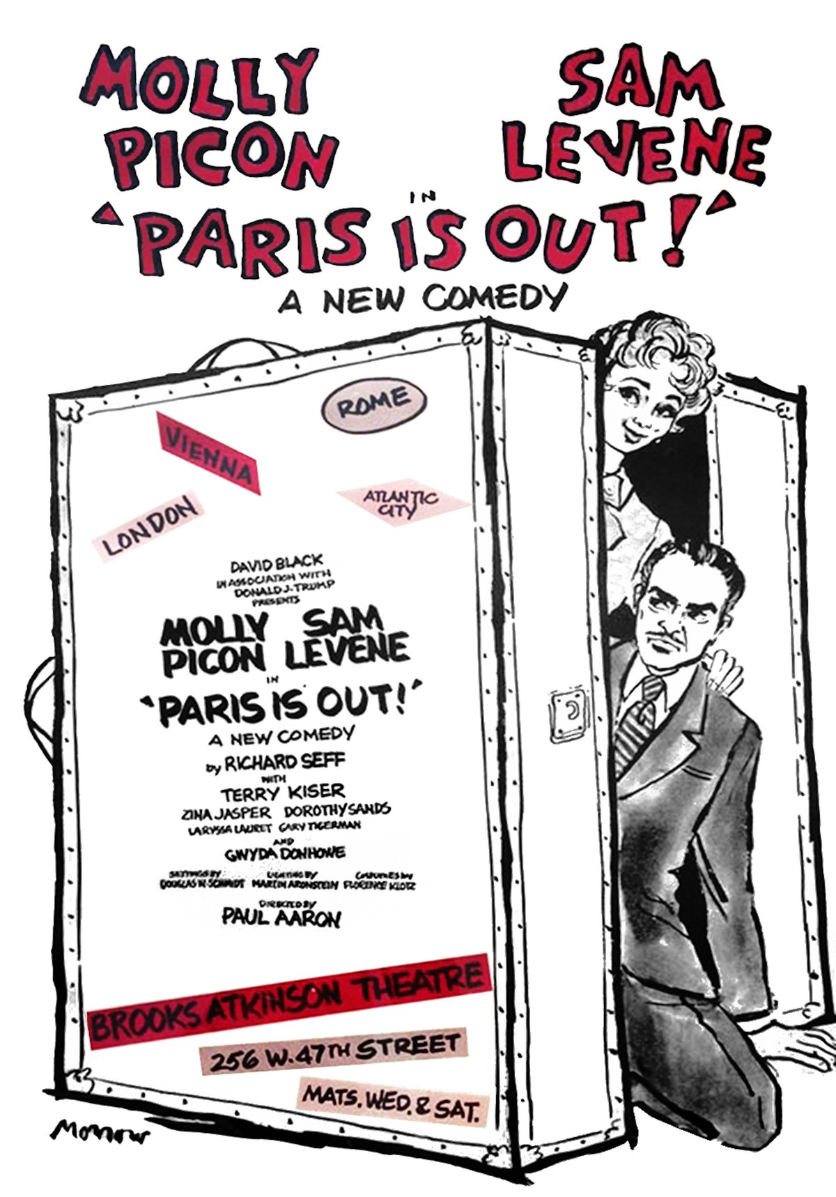 Flyer for Paris Is Out 1970 Broadway comedy starring Molly Picon and Sam Levene produced by Donald J. Trump at the Brooks Atkinson Theatre