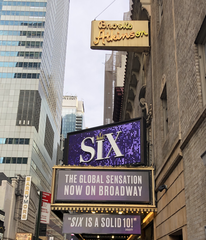 Promotional poster of the musical Six at Brooks Atkinson Theatre in May 2022