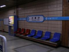 Sinyongsan Station entrance with buildings and railway tracks