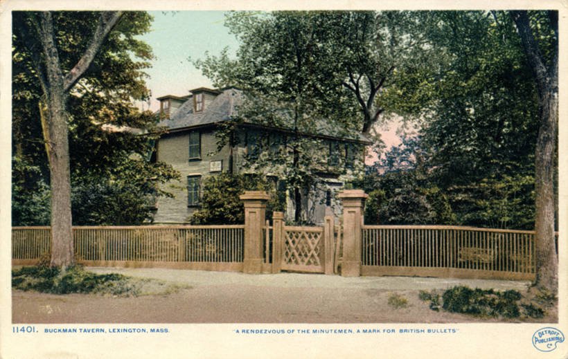 Historic Buckman Tavern marked by British bullets during Revolutionary War