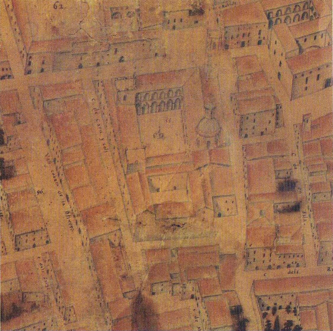 Historic map detail showing Col·legi del Corpus Christi or del Patriarca in Valencia from 1704 by Tomàs Vicent Tosca