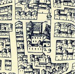 View of the Col·legi del Corpus Christi or del Patriarca on Antonio Mancelli's early 17th-century map showing the four-sloped roof of the now demolished bell tower