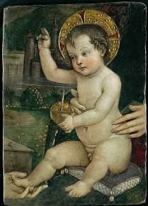 Fragment of destroyed fresco depicting Pope Alexander VI adoring Madonna represented by Giulia Farnese crouching by a door